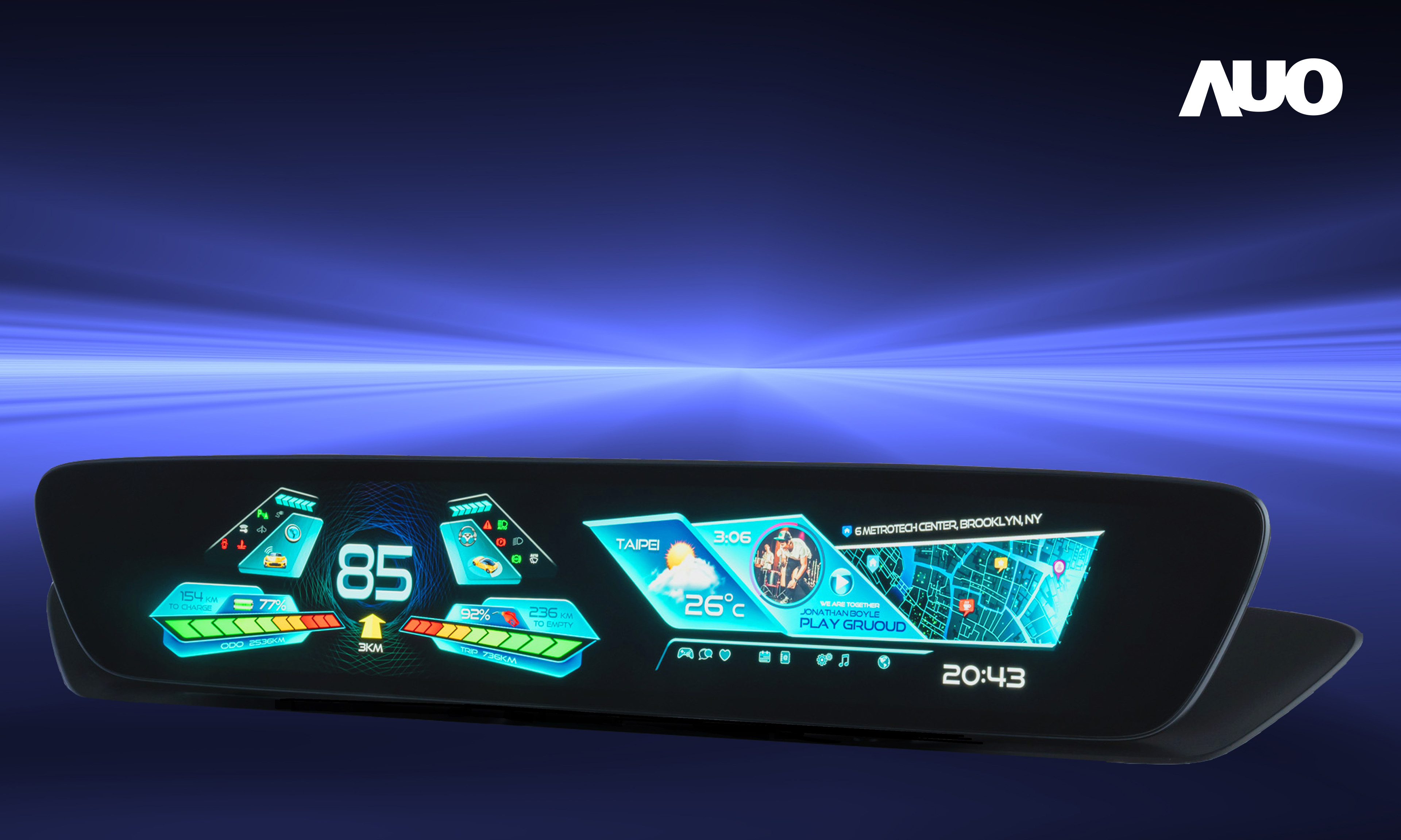 友達30.4吋異形曲面AmLED車載顯示系統，為一兼具儀表板及中控台人機介面的創新車載顯示系統，結合美學設計，提升車內科技沉浸感及使用體驗，讓車載顯示的未來應用更加多元化