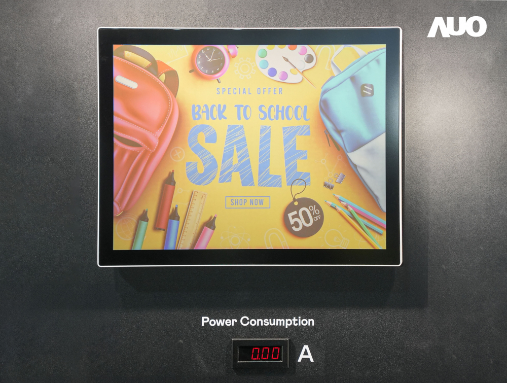 k1体育展示胆固醇液晶超低耗能户外全彩显示器，ChLC（胆固醇液晶）以双稳态技术使静态显示零功耗，具省电、高彩度、环保的特性，还整合软硬件系统解决方案，可透过单一云端平台管理