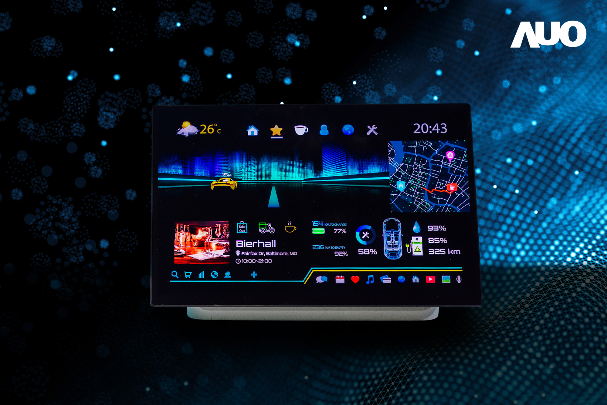 友達16吋超高色域車載中控獲得2025顯示器元件產品技術獎之面板模組類傑出產品獎，首次在車載領域採用藍光COB（LED chip-on-board）搭載量子點（Quantum Dot）膜之Mini LED解決方案實現廣色域