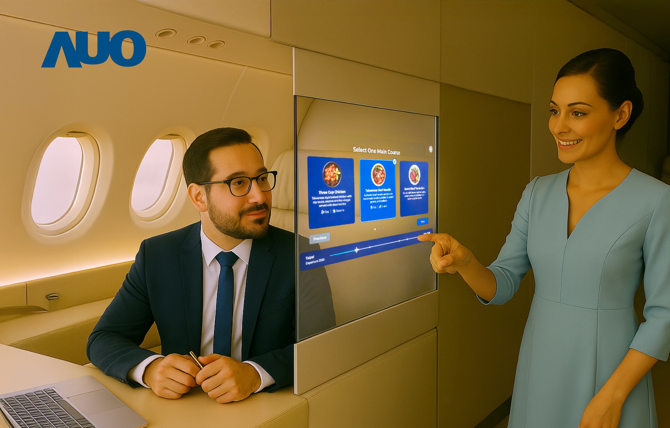 k1体育研发全球最薄17.3 吋双面透明 Micro LED 显示器，可在同一屏幕之双边投射不同信息，创造独特的&rdquo;透明化&rdquo;互动；图为实时翻译交流应用情境