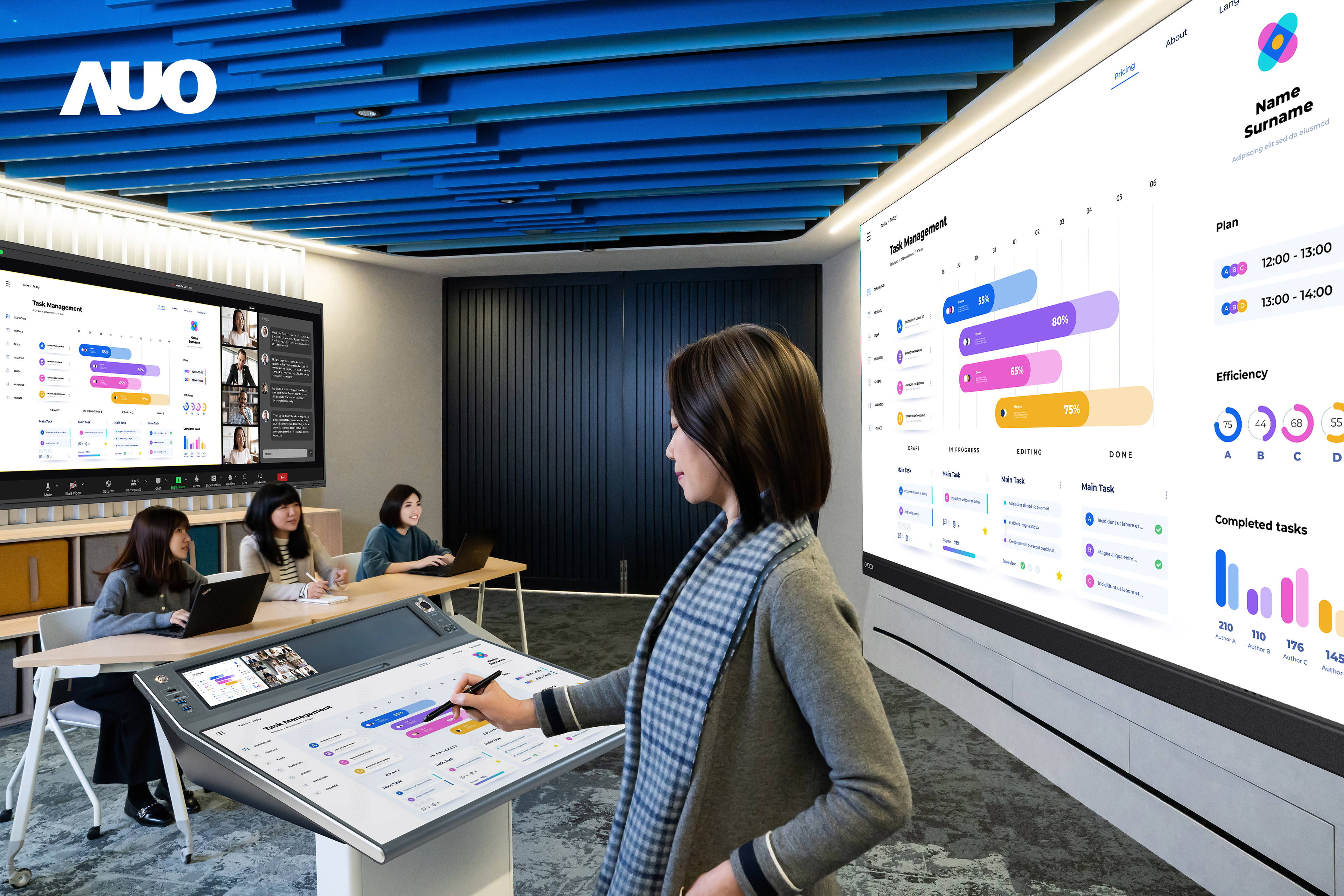 达擎携手Avocor与Rise Vision展示全方位商务领域应用，包含采用模块化设计的138吋一体式All-in-One LED显示器及具21:9超宽比例的92吋交互式电子白板（IFPD），讲者可轻松分享内容，有效提升会议协作效率。